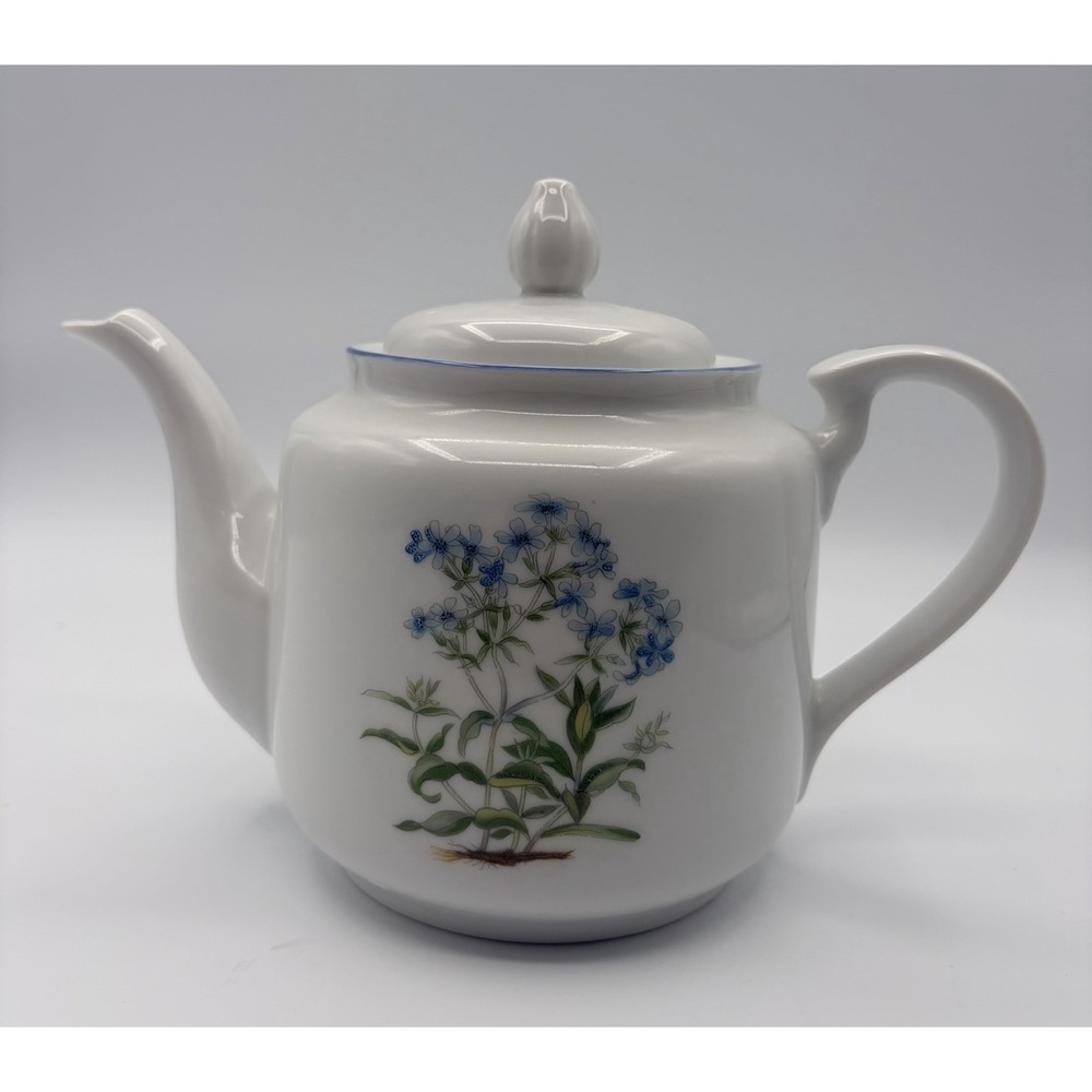 Vintage Teapot Takahashi Blue Floral Print Made in Japan Removable Lid 6" Tall